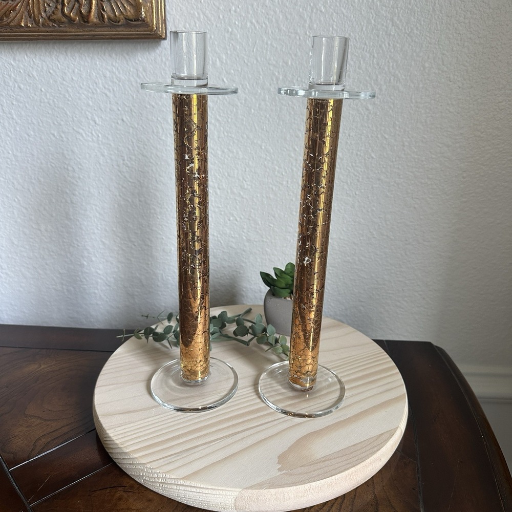 VTG Mid Century Candlestick Holders 11.5 Inch Gold Clear Crackle Glass‎ Decor